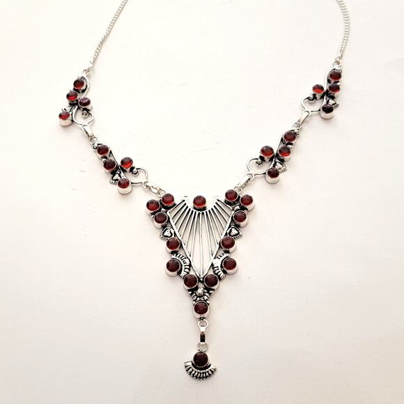 Intricate Red Simulated Gemstone Necklace - Sterling Silver Statement Jewelry - Picture 1 of 7